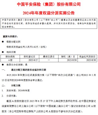 中國(guó)平安：擬于6月30日每股派發(fā)現(xiàn)金紅利1.62元