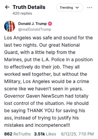 特朗普稱洛杉磯過去兩晚安全無恙 稱贊國(guó)民警衛(wèi)隊(duì)和海軍陸戰(zhàn)隊(duì)