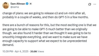OpenAI首席執(zhí)行官Sam Altman：可能會在幾周內(nèi)發(fā)布o(jì)3和o4-mini
