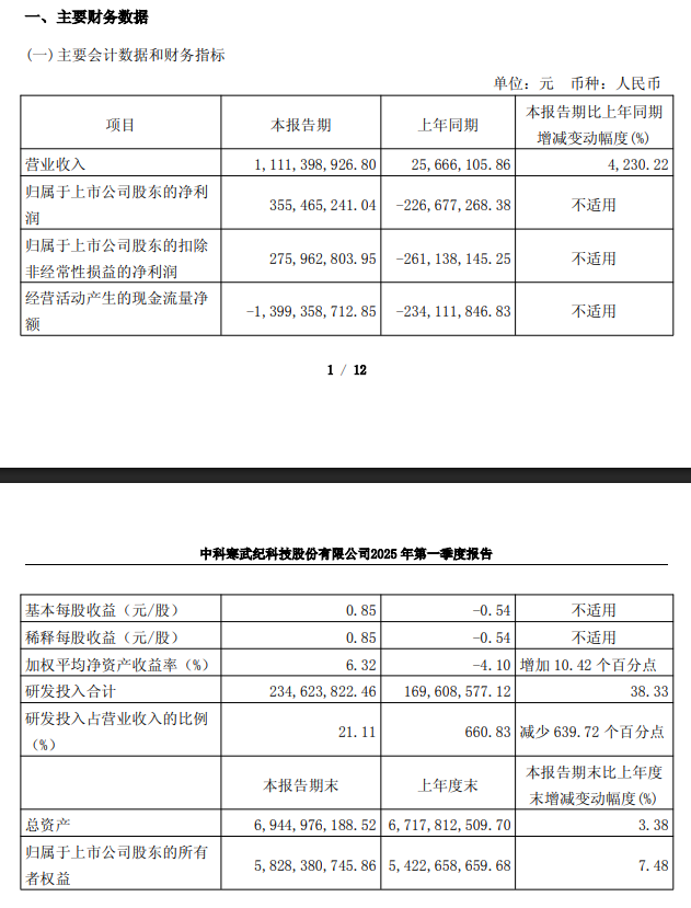 寒武紀(jì) 2025 年第一季度營收 11.11 億元同比增長 4230.22%，實(shí)現(xiàn)扭虧為盈  第1張