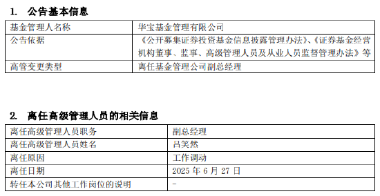 華寶基金副總經(jīng)理呂笑然因工作調動離任  第1張